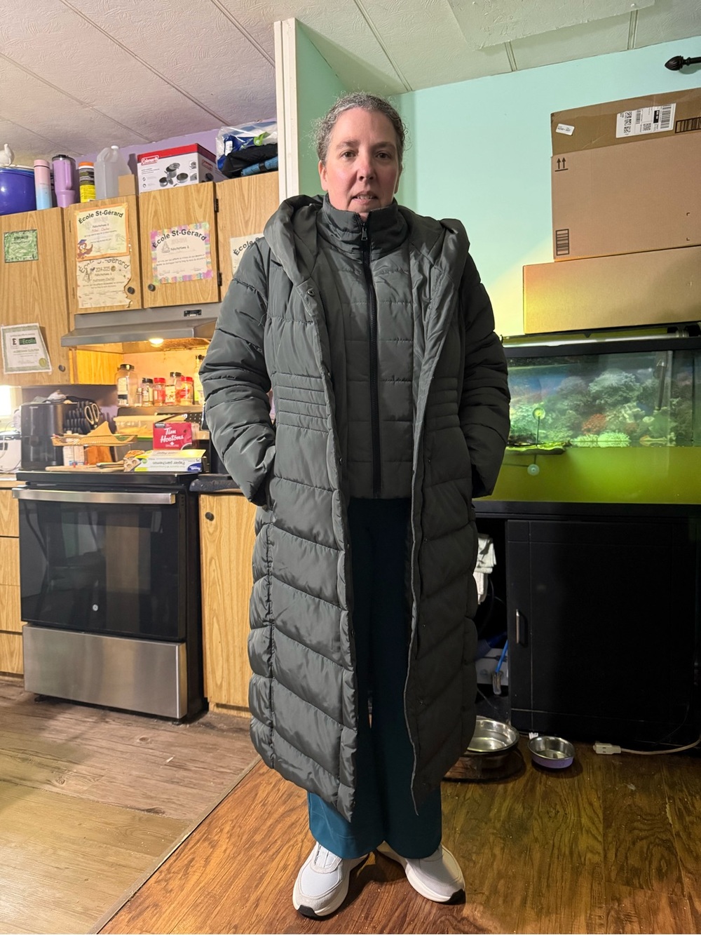 Long Hooded Puffer Coat in Dark Gray - Women's